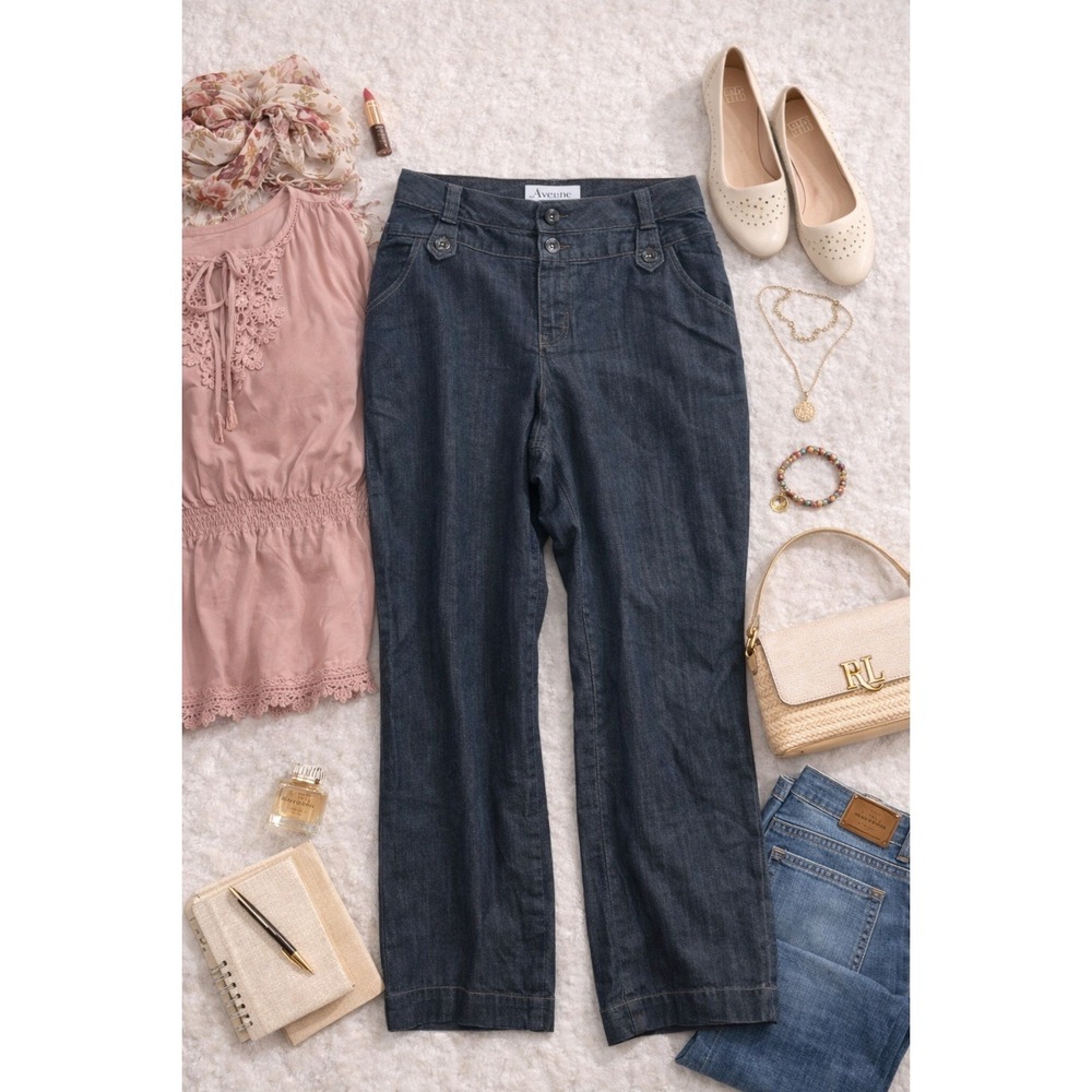 Avenue‎ Denim Womens Wide Leg Trouser Jeans 26W Dark Wash Button Tab Career Chic